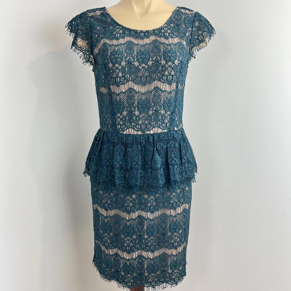 Maeve Anthropologie Women Small Elsa Teal Blue Lace Illusion Peplum Sheath Dress